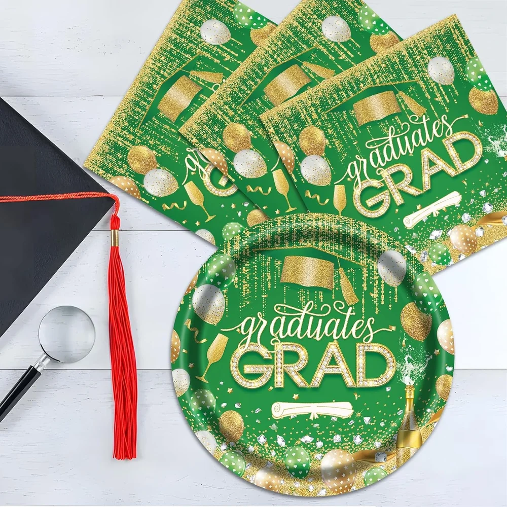 Graduation Party Supplies Disposable Tableware Set - Green and Gold
